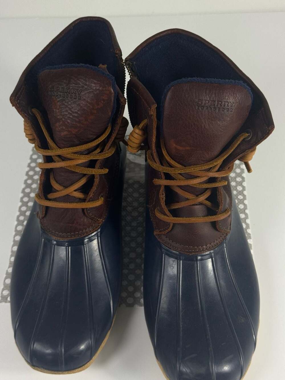 Sperry Saltwater Duck Boots with Side Zip in Navy/Brown